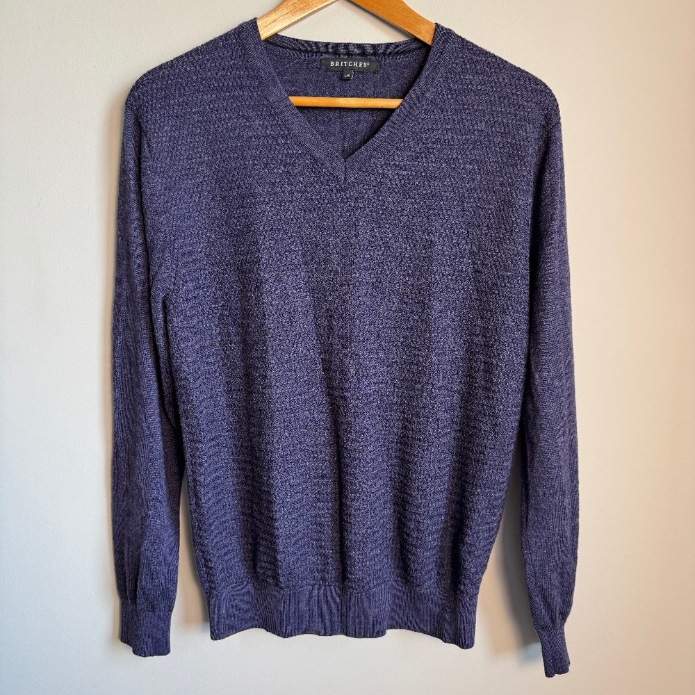 Britches Merino Wool Blend Textured V-Neck Sweater Mens Large Purple Preppy Ivy